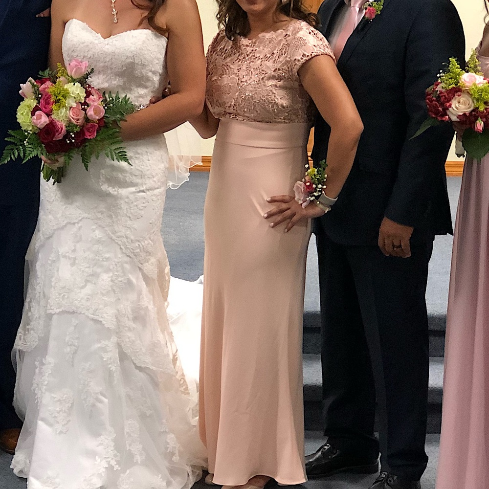 Blush pink David’s Bridal dress.